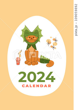 Calendar2024 cover. Cute and funny cat in a dragon costume with a cup of coffee. Cartoon vector illustration. Calendar2024 cover. Cute and funny cat in a dragon costume with a cup of coffee. Cartoon vector illustration. 109059892