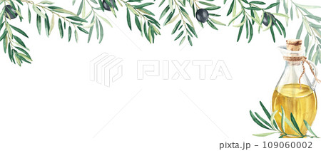 Horizontal frame, border with olive branches and ripe fruits. Oil in a glass jug. Watercolor hand drawn illustration. Perfect as a web banner, for menu design. 109060002