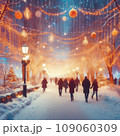 A snow-covered park with people walking under bright New Year's lights 109060309