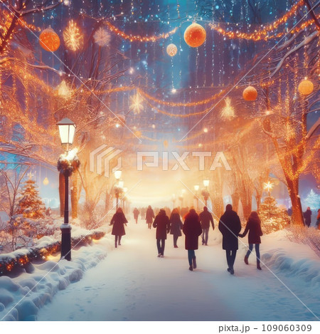 A snow-covered park with people walking under bright New Year's lights 109060309