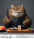 A fat cat in an apron with a knife in his paws prepares sushi 109060311