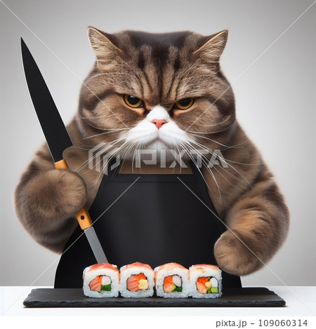 A fat cat in an apron with a knife in his paws prepares sushi 109060314