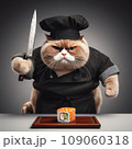 A fat cat in an apron with a knife in his paws prepares sushi 109060318