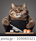 A fat cat in an apron with a knife in his paws prepares sushi 109060321