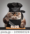A fat cat in an apron with a knife in his paws prepares sushi 109060324