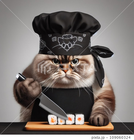 A fat cat in an apron with a knife in his paws prepares sushi 109060324