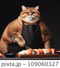 A fat cat in an apron with a knife in his paws prepares sushi 109060327