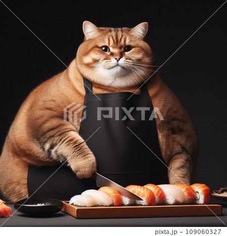 A fat cat in an apron with a knife in his paws prepares sushi 109060327