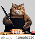 A fat cat in an apron with a knife in his paws prepares sushi 109060330
