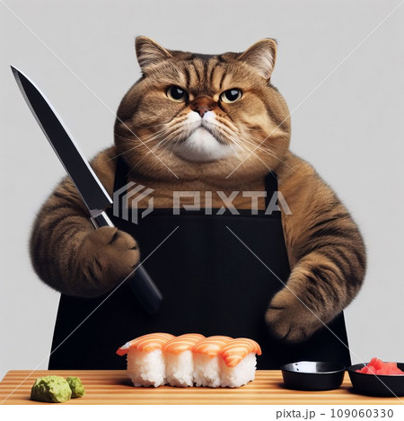 A fat cat in an apron with a knife in his paws prepares sushi 109060330