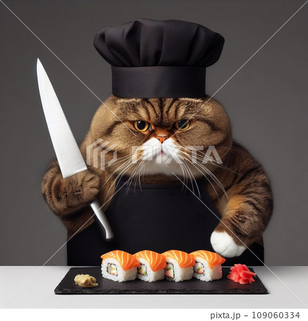 A fat cat in an apron with a knife in his paws prepares sushi 109060334