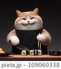 A fat cat in an apron with a knife in his paws prepares sushi 109060338