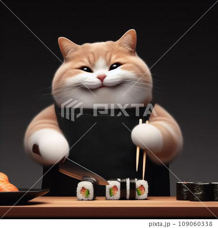 A fat cat in an apron with a knife in his paws prepares sushi 109060338