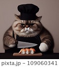 A fat cat in an apron with a knife in his paws prepares sushi 109060341