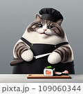A fat cat in an apron with a knife in his paws prepares sushi 109060344