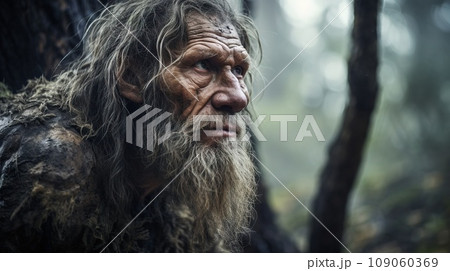 Neanderthal man in the forest, uncivilized, unintelligent, or uncouth 109060369