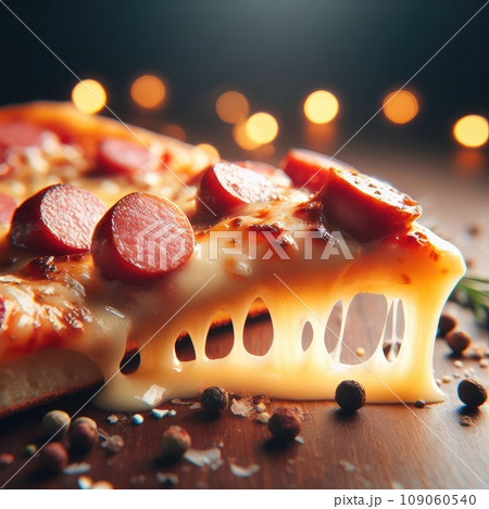 Hot pizza slice with melting cheese on a rustic wooden table 109060540