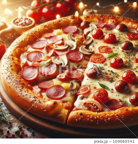 Hot pizza slice with melting cheese on a rustic wooden table 109060541