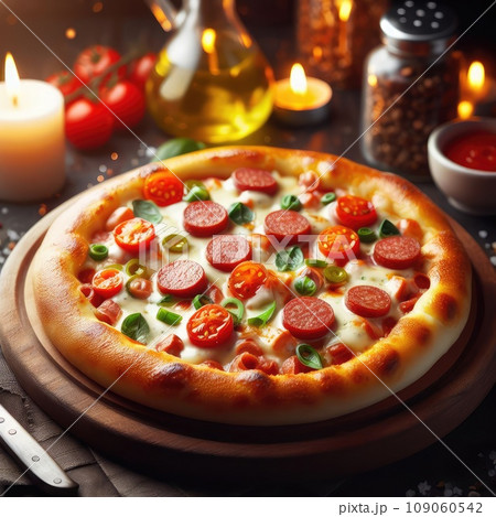 Hot pizza slice with melting cheese on a rustic wooden table 109060542