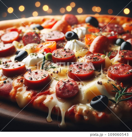Hot pizza slice with melting cheese on a rustic wooden table 109060543