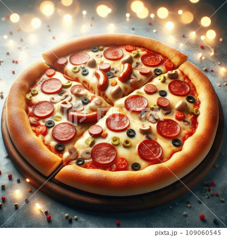 Hot pizza slice with melting cheese on a rustic wooden table 109060545