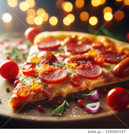 Hot pizza slice with melting cheese on a rustic wooden table 109060547