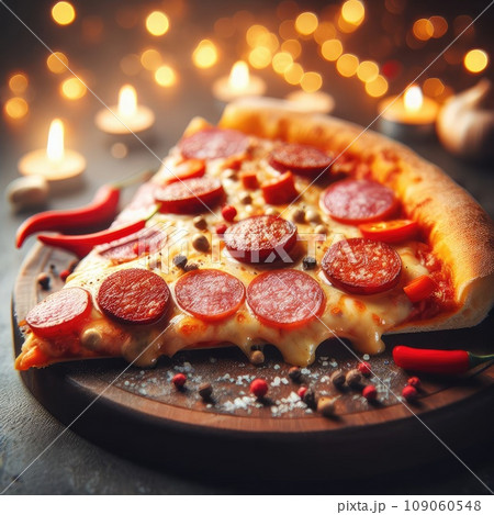 Hot pizza slice with melting cheese on a rustic wooden table 109060548