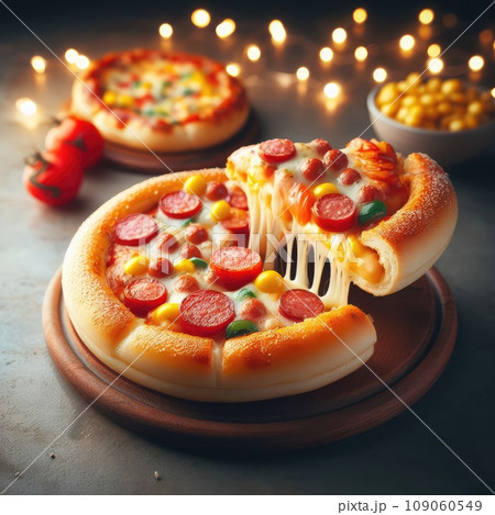 Hot pizza slice with melting cheese on a rustic wooden table 109060549