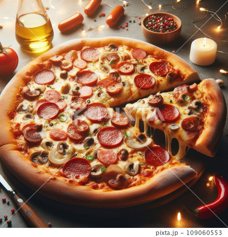 Hot pizza slice with melting cheese on a rustic wooden table 109060553