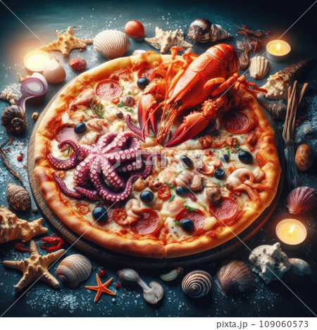 pizza with salmon and mussels on a light background, Mediterranean cuisine, Restaurant menu 109060573