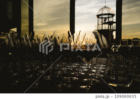 Glasses with white and red wine. Catering services. Glasses with wine in row background at restaurant party. Shallow dof 109060635