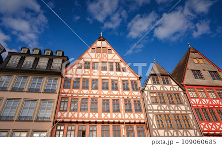 spring trip to Europe. beautiful old German cities, Travel and German sightseeing locations. scenic view to facade of old historic houses somewhere in Frankfurt city 109060685