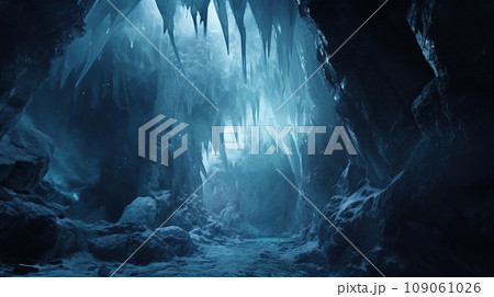 Frosty ice cave with huge icicle around, nature concept 109061026