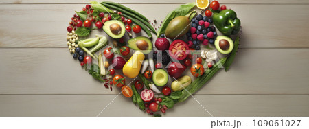 vegetables and fruits in the form of a heart. food for Valentine's Day. vegan food. The 14th of February. banner. 109061027