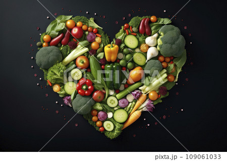 vegetables and fruits in the form of a heart. food for Valentine's Day. vegan food. The 14th of February. 109061033