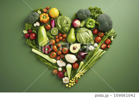 vegetables and fruits in the form of a heart. food for Valentine's Day. vegan food. The 14th of February. 109061042