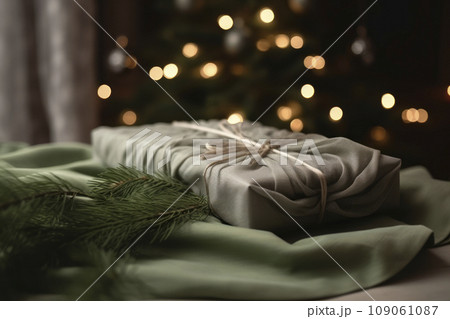 Christmas gift. Packaging in eco-friendly materials, furoshiki fabric. Bokeh, selective focus Christmas gift. Packaging in eco-friendly materials, furoshiki fabric. Bokeh, selective focus 109061087