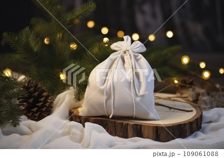 Christmas gift. Packaging in eco-friendly materials, furoshiki fabric. Bokeh, selective focus 109061088