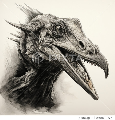 Dinosaur, pterodactyl, flying dinosaur, prehistoric reptile, black and white drawing, engraving style, close-up portrait Dinosaur, pterodactyl, flying dinosaur, prehistoric reptile, black and white drawing, engraving style, close-up portrait 109061157