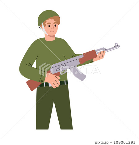 Young man holding tactical assault rifle. Soldier with a AK 47. Vector illustration. 109061293