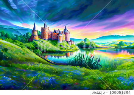 川沿いに建つ中世ヨーロッパの城のイラスト 109061294