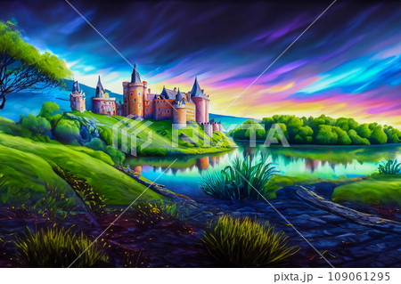 川沿いに建つ中世ヨーロッパの城のイラスト 109061295