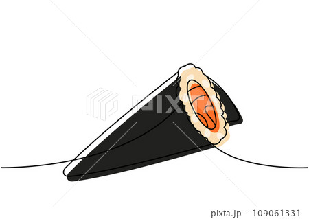 Sake hand roll, sake temaki one line colored continuous drawing. Japanese cuisine, traditional food continuous one line illustration. Sake hand roll, sake temaki one line colored continuous drawing. Japanese cuisine, traditional food continuous one line illustration. 109061331