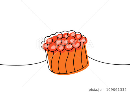Ikura sushi one line colored continuous drawing. Japanese cuisine, traditional food continuous one line illustration. Vector linear illustration. Ikura sushi one line colored continuous drawing. Japanese cuisine, traditional food continuous one line illustration. Vector linear illustration. 109061333
