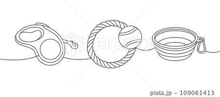 Set of pet supplies one line continuous drawing. Tape measure leash, retractable leash, chew toy, portable water bowl continuous one line illustration Set of pet supplies one line continuous drawing. Tape measure leash, retractable leash, chew toy, portable water bowl continuous one line illustration 109061413