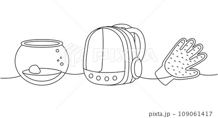 Pet supplies one line continuous drawing. Glass aquarium, terrarium, pet backpack carrier, hair remover glove continuous one line illustration. 109061417