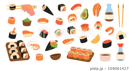 Seafood sushi rolls. Japanese cuisine. Ikura sushi, tobiko maki, onigiri, shrimp nigiri, tekkamaki tuna roll, futomaki, sake temaki, soy bowl, vasabi. 109061427