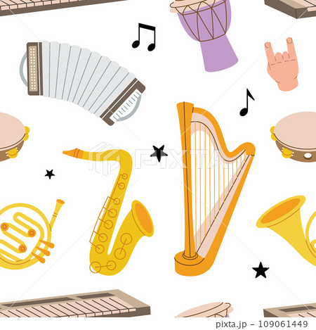 Musical instruments pattern. Tuba, trumpet, drum flute, french horn, lute, violin, bass guitar, acoustic guitar. Colored musical instruments Musical instruments pattern. Tuba, trumpet, drum flute, french horn, lute, violin, bass guitar, acoustic guitar. Colored musical instruments 109061449
