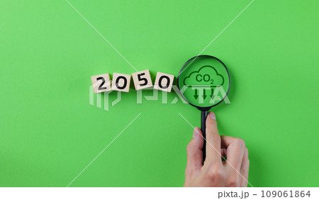 Carbon Neutrality concept. Magnifying glass with CO2 reduction icon and the word 2050 year on wooden block. Target reduce emission CO2, Carbon footprint, Net Zero, Sustainable energy, Renewable clean, 109061864