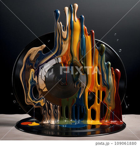 Vintage retro vinyl records melt and flow, unusual creative music background, music design and advertising wallpaper 109061880